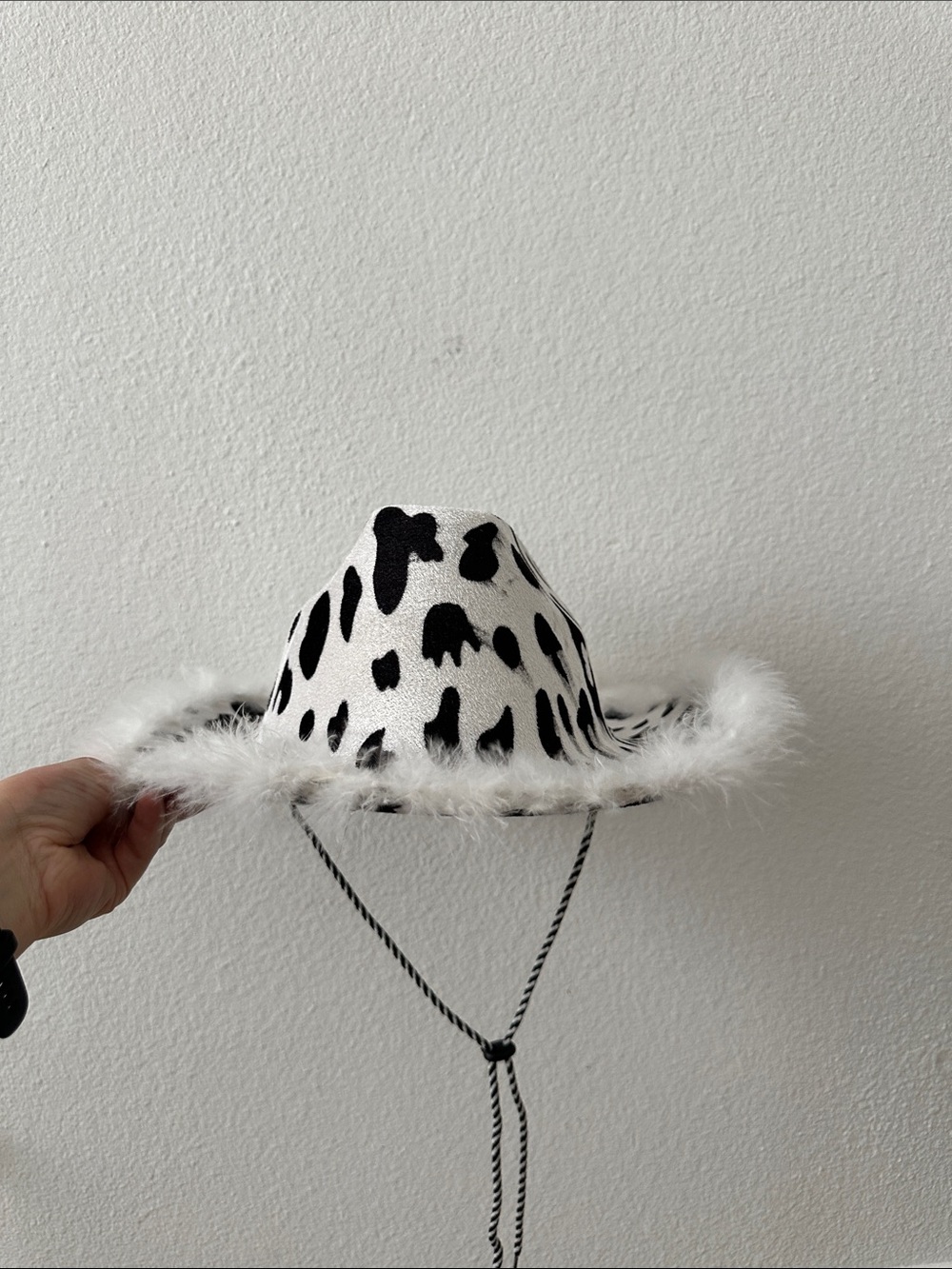 White Faux Fur-Trimmed Cow Print Cowboy Hat